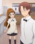  1girl apron bespectacled blush bow brown_eyes brown_hair glasses kotera_(koterabyte) long_hair official_style open_mouth ponytail shirt short_hair socks takanashi_souta taneshima_popura very_long_hair waiter waitress working!! 