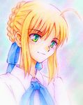  ahoge amaoto artoria_pendragon_(all) blonde_hair bow braid fate/stay_night fate_(series) green_eyes hair_bow hair_ribbon necktie ribbon saber sidelocks sketch smile solo traditional_media watercolor_pencil_(medium) 