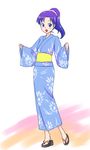  :d blue_kimono clog_sandals hair_up highres idolmaster idolmaster_(classic) japanese_clothes kimono kisaragi_chihaya oofuji_wataru open_mouth ponytail purple_eyes purple_hair sandals smile solo yukata 