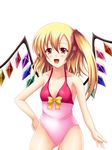  bad_id bad_pixiv_id blonde_hair casual_one-piece_swimsuit flandre_scarlet hand_on_hip highres long_hair nagimasa one-piece_swimsuit red_eyes side_ponytail solo swimsuit touhou wings 