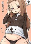  bad_id bad_pixiv_id big_belly breasts brown_hair fleta forehead furrowed_eyebrows hand_on_own_head hatching_(texture) lace lace-trimmed_panties lingerie long_hair looking_at_viewer mabinogi man_(man-room) navel outline panties pregnant red_eyes small_breasts solo spoken_squiggle squiggle sweat thought_bubble translation_request underwear white_outline widow's_peak 