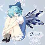  bespectacled bloomers blue_eyes blue_hair blush bow character_name cirno full_body glasses hair_bow high_heels highres hiruneguma ice leg_hug legs one_eye_closed shoes simple_background sitting smile solo touhou underwear wings 