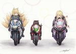  animal_ears blonde_hair brown_eyes brown_hair cat_ears cat_tail chen colored_pencil_(medium) fox_ears fox_tail ground_vehicle highres motor_vehicle motorcycle multiple_girls multiple_tails red_eyes rpracing tail touhou traditional_media yakumo_ran yakumo_yukari yellow_eyes 