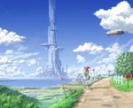  aircraft backpack bag blimp blonde_hair broom cloud condensation_trail day dirigible eichikei_(hakuto) fence flag flying hat long_hair mailbox_(incoming_mail) megastructure original puddle river scenery science_fiction sky solo tower tree water windmill witch_hat 