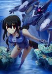  absurdres ahoge bare_legs black_hair braid breasts bubble collarbone fingerless_gloves fish freediving gloves glowing highres holster kawajuu large_breasts legs long_hair looking_at_viewer machinery mecha name_tag one-piece_swimsuit original red_eyes rock sandals skin_tight solo swimming swimsuit underwater water 