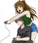  1girl angry bare_shoulders black_eyes black_hair blush breast_rest breasts breasts_on_head brown_hair colorized controller denim denim_shorts embarrassed game_console game_controller gamepad green_eyes jpeg_artifacts kouno_takaaki kousaka_tamaki long_hair medium_breasts open_mouth playing_games playstation shorts sitting source_request sweat tank_top to_heart_2 tsutsumi_akari video_game 