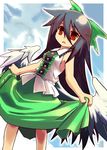  black_hair bow green_bow hair_bow hakoniwa_tsuka highres long_hair red_eyes reiuji_utsuho solo touhou wings younger 