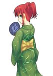  alternate_hairstyle blue_eyes braid fan hair_up highres hong_meiling japanese_clothes kimono kusanagi_matabi looking_back paper_fan ponytail profile red_hair side_braid simple_background solo touhou uchiwa 