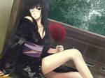  bad_id bad_pixiv_id black_eyes black_hair dutch_angle eyepatch fan haimura_yomiko hitoha innocent_grey japanese_clothes kimono leg_up obi off_shoulder paper_fan sash sitting solo uchiwa yomiko_(innocent_grey) yukata 