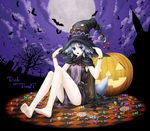  animal_ears barefoot bat blue_eyes blue_hair candy cape checkerboard_cookie checkered chocolate cloud cookie cross eichikei_(hakuto) feet food full_moon halloween hat jack-o'-lantern jelly_bean lollipop long_hair moon original panties pumpkin solo striped striped_panties swirl_lollipop tail trick_or_treat underwear witch_hat wolf_ears wolf_tail 