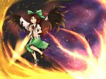  araki_(qbthgry) asymmetrical_clothes bow brown_hair cape dress fire hair_bow long_hair red_eyes reiuji_utsuho solo touhou wings 