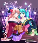  aqua_eyes aqua_hair bad_id bad_pixiv_id black_legwear blue_eyes chou_(module) flower hair_flower hair_ornament hana_(module) hatsune_miku lolita_fashion long_hair megurine_luka multiple_girls ohse pantyhose pink_hair project_diva_(series) project_diva_2nd sitting thighhighs twintails very_long_hair vocaloid wa_lolita 