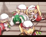  akabashi_yuusuke blonde_hair blush_stickers clone comic cowering flandre_scarlet four_of_a_kind_(touhou) green_hair hair_bobbles hair_ornament hat holding_another's_foot kisume letterboxed multiple_girls multiple_persona red_eyes side_ponytail touhou translated trembling wings 