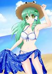  bikini blue_sarong eyes frog green_eyes green_hair hair_ornament hat highres kochiya_hizuki kochiya_sanae long_hair md5_mismatch print_sarong sarong sarong_lift snake solo swimsuit touhou white_bikini 