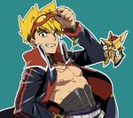  blonde_hair choker corset cosplay goggles goggles_on_head grin king_kittan kittan male_focus matsukaze_yukiji mecha shirtless simon simon_(cosplay) smile tengen_toppa_gurren_lagann 