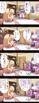  4koma ^_^ absurdres akabashi_yuusuke alice_margatroid bat_wings blonde_hair closed_eyes comic crystal_ball green_hair head_wings highres hourai_doll kagiyama_hina koakuma multiple_girls patchouli_knowledge purple_eyes purple_hair red_hair rod_of_remorse touhou translated wings 