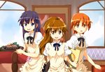  apron arms_behind_back brown_eyes brown_hair food inami_mahiru long_hair menu multiple_girls open_mouth orange_eyes orange_hair ponytail purple_eyes purple_hair ruu_(tksymkw) short_hair taneshima_popura tray very_long_hair waitress working!! yamada_aoi 