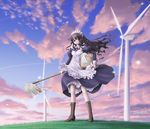  boots brown_eyes brown_hair cloud eichikei_(hakuto) long_hair maid maid_headdress mop original solo wind_turbine windmill 