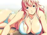  bare_shoulders bikini blue_eyes breasts cleavage dragon@harry earrings huge_breasts jewelry long_hair lying macross macross_frontier necklace on_stomach pink_hair sheryl_nome solo swimsuit 