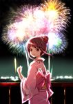  aerial_fireworks bad_id bad_pixiv_id bangs blush brown_eyes brown_hair fireworks flower from_behind hair_bun hair_flower hair_ornament japanese_clothes kannamikoto kimono long_sleeves looking_at_viewer looking_back night night_sky original outdoors railing rose sidelocks sky solo turning_head 