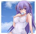  alternate_breast_size bad_id bad_pixiv_id bare_shoulders breast_suppress breasts cloud covered_nipples day dripping eating food hanyuu hasu_(hk_works) higurashi_no_naku_koro_ni horns impossible_clothes impossible_swimsuit large_breasts long_hair messy name_tag one-piece_swimsuit open_mouth popsicle purple_eyes purple_hair school_swimsuit sky solo standing swimsuit white_school_swimsuit white_swimsuit 