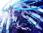  adapted_costume blue_eyes blue_hair boots broken_glass detached_sleeves error flying glass hatsune_miku long_hair necktie outstretched_hand skirt solo space thigh_boots thighhighs twintails very_long_hair vocaloid yuuki_kira 