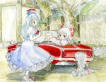  car fujiwara_no_mokou ground_vehicle kamishirasawa_keine master_(4th) motor_vehicle multiple_girls touhou traditional_media watercolor_(medium) 