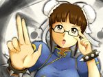  akizuki_ritsuko alternate_hairstyle bracelet breasts brown_eyes brown_hair bun_cover chinese_clothes chun-li chun-li_(cosplay) cosplay double_bun glasses idolmaster idolmaster_(classic) jewelry large_breasts maidon solo spiked_bracelet spikes street_fighter 