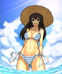  bikini black_eyes black_hair cloud day hat long_hair original solo straw_hat striped striped_bikini swimsuit tk_(nerd-goods.com) wading water 