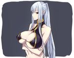  bad_id bad_pixiv_id bikini blush breast_hold breasts center_opening cleavage_cutout crossed_arms huge_breasts inayama long_hair ponytail red_eyes selvaria_bles senjou_no_valkyria senjou_no_valkyria_1 silver_hair solo swimsuit underboob 