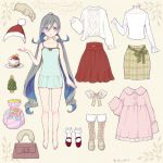  1girl ahoge bag barefoot beige_footwear blouse boots cake camisole christmas_tree clothes colis commentary cross-laced_footwear dress food french frilled_legwear full_body grey_eyes grey_hair hair_between_eyes hair_ribbon hat kantai_collection kiyoshimo_(kantai_collection) lace-up_boots long_hair looking_at_viewer low_twintails paper_doll pencil_skirt pink_dress plaid plaid_skirt red_footwear ribbon santa_hat skirt socks solo standing sweater twintails twitter_username very_long_hair white_blouse white_hat white_legwear white_sweater 