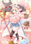 1girl animal_ears bad_foot barefoot black_legwear blonde_hair blue_cape blue_eyes blue_skirt bunny_ears cape food_themed_pillow from_above hat heart holding holding_stuffed_animal looking_at_viewer on_bed paula_(sennen_sensou_aigis) pillow red_eyes sennen_sensou_aigis skirt solo staff striped stuffed_animal stuffed_bunny stuffed_toy thighhighs white_hat white_legwear 