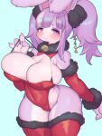  animal_ears animal_nose bare_shoulders bell blush bra_strap breasts cleavage covered_navel detached_collar detached_sleeves fur_trim furry furry_female highres huge_breasts leotard original pink_eyes purple_fur purple_hair rabbit_ears rabbit_girl red_leotard rikose simple_background skindentation strap_pull thighhighs twintails 