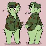 2023 3_toes anthro barefoot bear beret biped blush bottomless bottomless_anthro bottomless_male camo camo_clothing camo_print camo_topwear cheek_tuft chest_tuft clothed clothing colored digital_media_(artwork) ellipsis facial_tuft featureless_crotch feet flippy_(htf) flower fluffy fluffy_tail front_view full-length_portrait fur green_body green_clothing green_ears green_fur green_inner_ear green_shirt green_tail green_topwear happy_tree_friends hat headgear headwear hi_res hip_tuft holding_flower holding_object kemono kopeni_ko male mammal military_hat monotone_body monotone_ears monotone_fur monotone_tail multiple_angles pattern_clothing pattern_topwear pink_background plant portrait rear_view scut_tail shirt short_tail simple_background solo standing tail three-quarter_view toes topwear tuft
