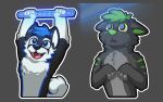 absurd_res anthro black_body blue_eyes blue_markings canid canine canis cel_shading chest_tuft domestic_cat domestic_dog duo ears_down ears_up felid feline felis fur glistening glistening_eyes glistening_nose green_hair green_markings green_nose grey_body grey_fur hair handpaw happy hi_res husky led_light led_strips looking_up luhrak male male/male mammal markings nordic_sled_dog open_mouth outline paws pivoted_ears shaded simple_background spitz tail tuft white_body yellow_eyes