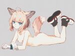  1326496175 1girl ahoge animal_ear_fluff animal_ears arknights ass blonde_hair blue_background blue_eyes breasts closed_mouth collarbone commentary fox_ears fox_girl fox_tail full_body gloves highres infection_monitor_(arknights) legs_up looking_at_viewer lying nipples nude on_stomach shoe_soles shoes short_hair simple_background small_breasts solo sussurro_(arknights) tail white_footwear white_gloves 
