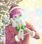  1boy bell bow christmas_tree green_bow hat heart heart_hands highres jingle_bell light_smile male_focus pink_hair purple_eyes red_headwear red_suit saiki_kusuo saiki_kusuo_no_psi_nan santa_hat solo suit tinted_eyewear tsubasa_(magicqiqi) upper_body 