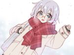  1girl bag blue_eyes blush brown_sweater buttons coat glasses grey_hair hand_up highres ikeda_chitose long_sleeves looking_at_viewer namori nose_blush open_mouth plaid plaid_scarf pocket red_scarf scarf shoulder_bag smile snowing solo sweater twintails waving white_coat winter yuru_yuri 