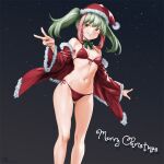  bikini christmas coat commentary_request front-tie_bikini_top front-tie_top fur-trimmed_coat fur-trimmed_headwear fur_trim green_hair hat highres looking_at_viewer merry_christmas minamoto80486 multicolored_hair navel original parted_lips red_bikini red_coat red_hair red_headwear santa_hat side-tie_bikini_bottom smile swimsuit two-tone_hair v 