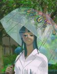  1girl bad_id bad_twitter_id blue_eyes blunt_bangs blunt_ends close-up commentary_request highres holding holding_umbrella korean_commentary looking_at_viewer medium_hair mulmulgogibbq nico_robin one_piece rain real_life_insert shirt smile solo tree umbrella white_shirt 