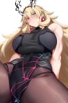  1girl absurdres arind_yudha bare_arms bare_shoulders barghest_(fate) barghest_(second_ascension)_(fate) blonde_hair blush breasts closed_mouth fate/grand_order fate_(series) green_eyes heterochromia highres large_breasts long_hair looking_at_viewer pantyhose purple_pantyhose red_eyes simple_background sleeveless solo thighs white_background 