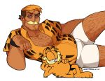  1boy arm_hair bara beard_stubble belly cat_boy chest_hair dark-skinned_male dark_skin feet_out_of_frame garfield garfield_(character) hairy hand_hair highres humanization knuckle_hair large_pectorals leg_hair limp_wrist looking_at_viewer lying male_focus mature_male on_side orange_hair pectoral_cleavage pectorals plump revealyoursins sanpaku short_shorts shorts smile thick_eyebrows thick_mustache tsurime undercut wrinkled_skin 