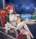  1girl black_gloves breasts cleavage crossed_legs cup dress foot_out_of_frame gloves gold_trim highres himeko_(honkai:_star_rail) honkai:_star_rail honkai_(series) knee_up large_breasts legs long_hair momo_art on_chair red_hair red_nails signature single_glove sitting solo space teacup white_dress yellow_eyes 