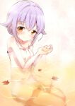  1girl autumn_leaves bare_shoulders bathing blush breasts brown_eyes closed_mouth collarbone dot_nose from_side hair_flaps hair_intakes hands_up idolmaster idolmaster_cinderella_girls idolmaster_cinderella_girls_starlight_stage koshimizu_sachiko leaf_on_liquid looking_at_viewer naked_towel numahito purple_hair short_hair sitting small_breasts smile solo steam towel water wet 
