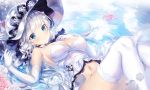  armlet armpits azur_lane bangs bare_shoulders blue_eyes blue_sky blush breasts choker cleavage closed_mouth cloud commentary day dress dress_pull elbow_gloves eyebrows_visible_through_hair flower flower_on_liquid gloves hair_ornament hair_ribbon hat hat_flower holding_necklace illustrious_(azur_lane) knees_up large_breasts long_hair looking_at_viewer low_twintails lying mole mole_under_eye narae navel on_back on_water outdoors reflection ribbon ripples sapphire_(stone) sidelocks sky smile solo sparkle stomach strapless strapless_dress thighhighs thighs tress_ribbon twintails water_drop white_dress white_gloves white_hair white_legwear 
