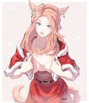  1girl :p animal_ears belt bimel_isabella blonde_hair blue_eyes breasts capelet cat_ears cat_girl cat_tail christmas dress earrings facial_mark final_fantasy final_fantasy_xiv fur-trimmed_capelet fur_trim highres jewelry leaning_forward long_hair looking_at_viewer medium_breasts miqo&#039;te no_bra open_clothes red_dress solo tail tongue tongue_out warrior_of_light_(ff14) whisker_markings 