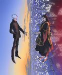  2boys black_clothing black_hair city cloud evening getou_suguru gojou_satoru johannathemad jujutsu_kaisen long_hair midair multiple_boys outstretched_hand sandals skyline socks white_hair white_socks 