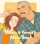  1boy 1girl aaron_gruber_(o_natsuo88) beard_stubble blue_eyes crossed_arms english_text facial_hair green_nails grey_hair happy_new_year head_on_another&#039;s_shoulder highres looking_at_viewer madison_(o_natsuo88) mature_male medium_hair mustache nail_polish notice_lines o_natsuo88 old old_man original receding_hairline red_hair scar scar_on_cheek scar_on_face shirt short_hair side-by-side simple_background smile speech_bubble thick_eyebrows thick_mustache upper_body watch waving wavy_hair wrinkled_skin wristwatch yellow_background 