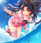 :d artist_name black_hair black_ribbon blue_sky cloud collarbone day earrings fate/grand_order fate_(series) fur_collar hair_ribbon hoop_earrings ishtar_(fate/grand_order) ishtar_(swimsuit_rider)_(fate) jewelry kubyou_azami long_hair long_sleeves looking_at_viewer ocean open_mouth outstretched_arm pink_legwear red_eyes ribbon single_thighhigh sky smile solo thighhighs tiara two_side_up 