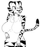  2017 5_fingers aliasing anthro belly big_belly big_breasts biped black_and_white breasts cheek_tuft chest_tuft cleavage clothed clothing digital_drawing_(artwork) digital_media_(artwork) eyelashes fangs feline female front_view fur half-length_portrait hand_on_stomach huge_breasts humanoid_hands looking_away mammal monochrome panties portrait shirt shoulder_tuft simple_background slightly_chubby slit_pupils smile snout solo standing striped_fur stripes stripes_tail tank_top tiger tuft underwear voluptuous white_background wide_hips zombiesunlight 